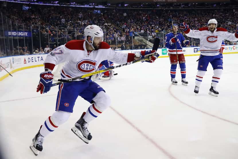 NEW YORK, NY - APRIL 16:  Alexander Radulov #47 of the Montreal Canadiens celebrtaes his...