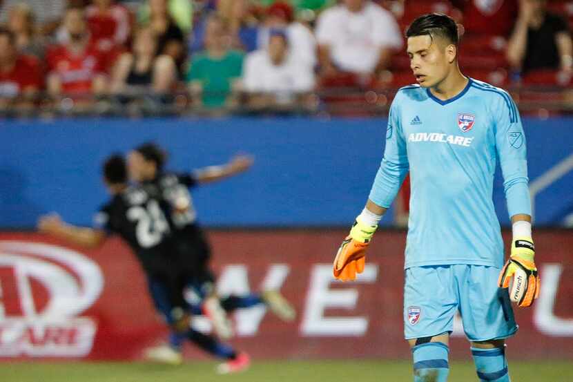 FC Dallas goalkeeper Jesse Gonzalez (1) walks from the goal while San Jose Earthquakes...