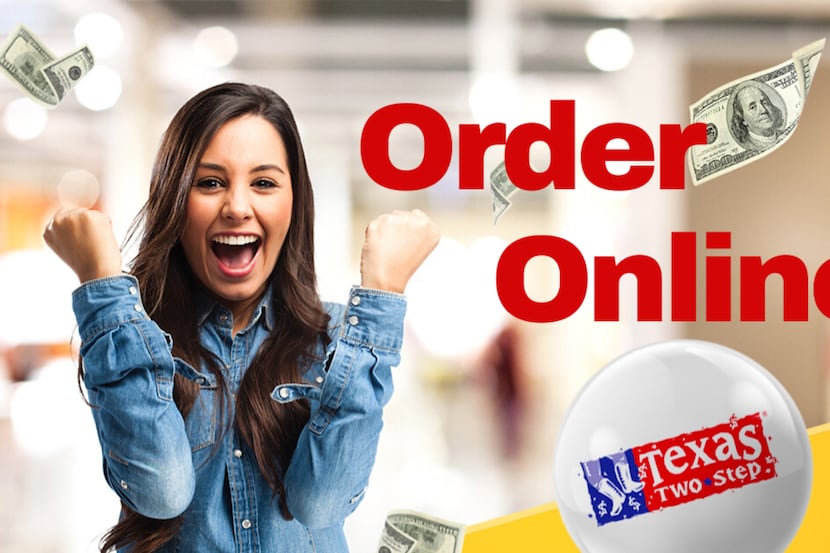 Excited woman with money floating nearby, text reads Order Online with a Texas Two-Step ball