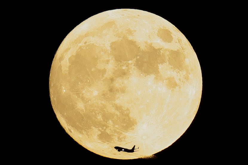A plane passes by the The 99 percent Harvest moon on Thursday, Sept. 28, 2023 in Dallas. 