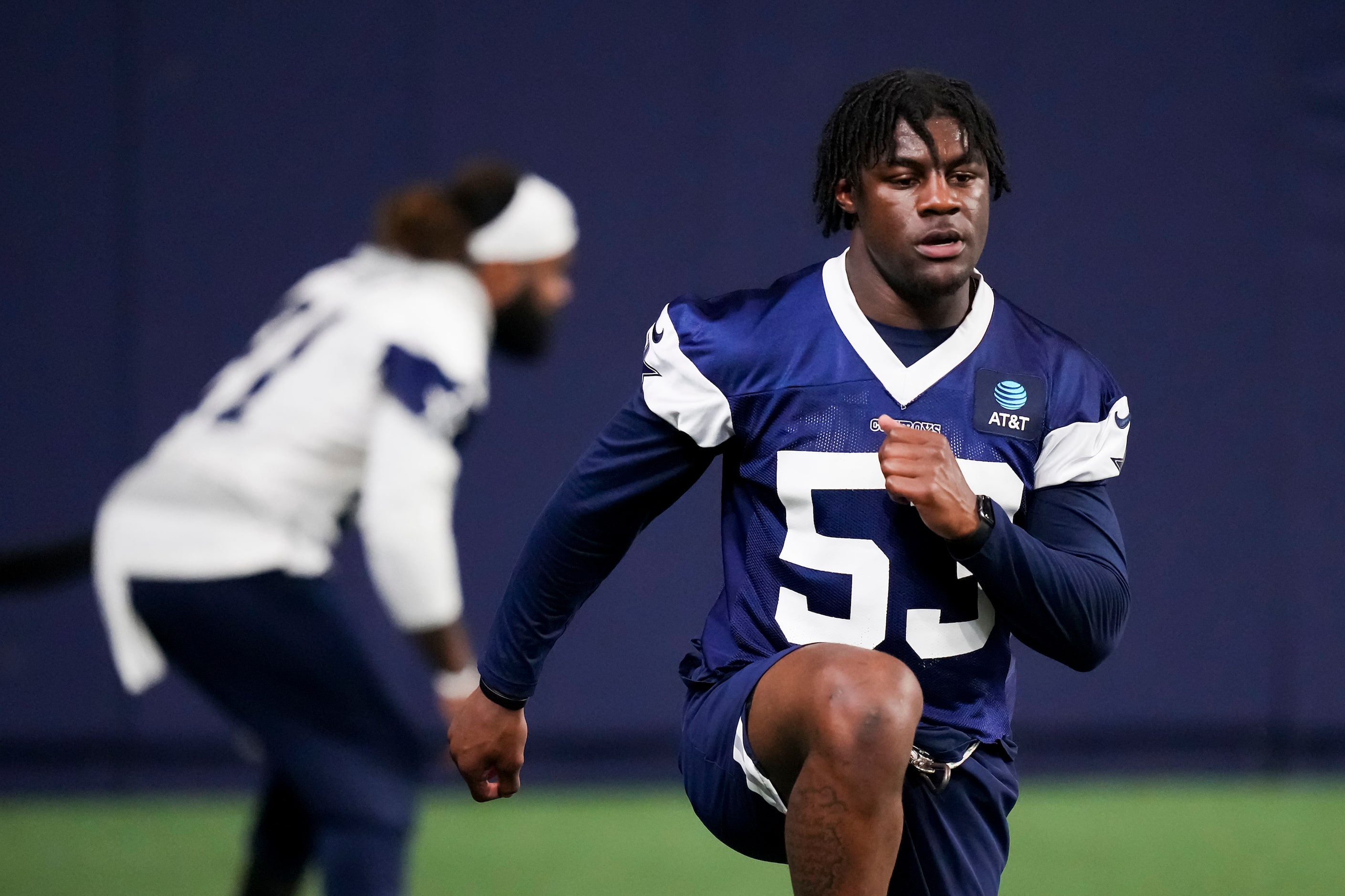 Dallas Cowboys linebacker Damone Clark (53) works conditioning during the OTA team's...