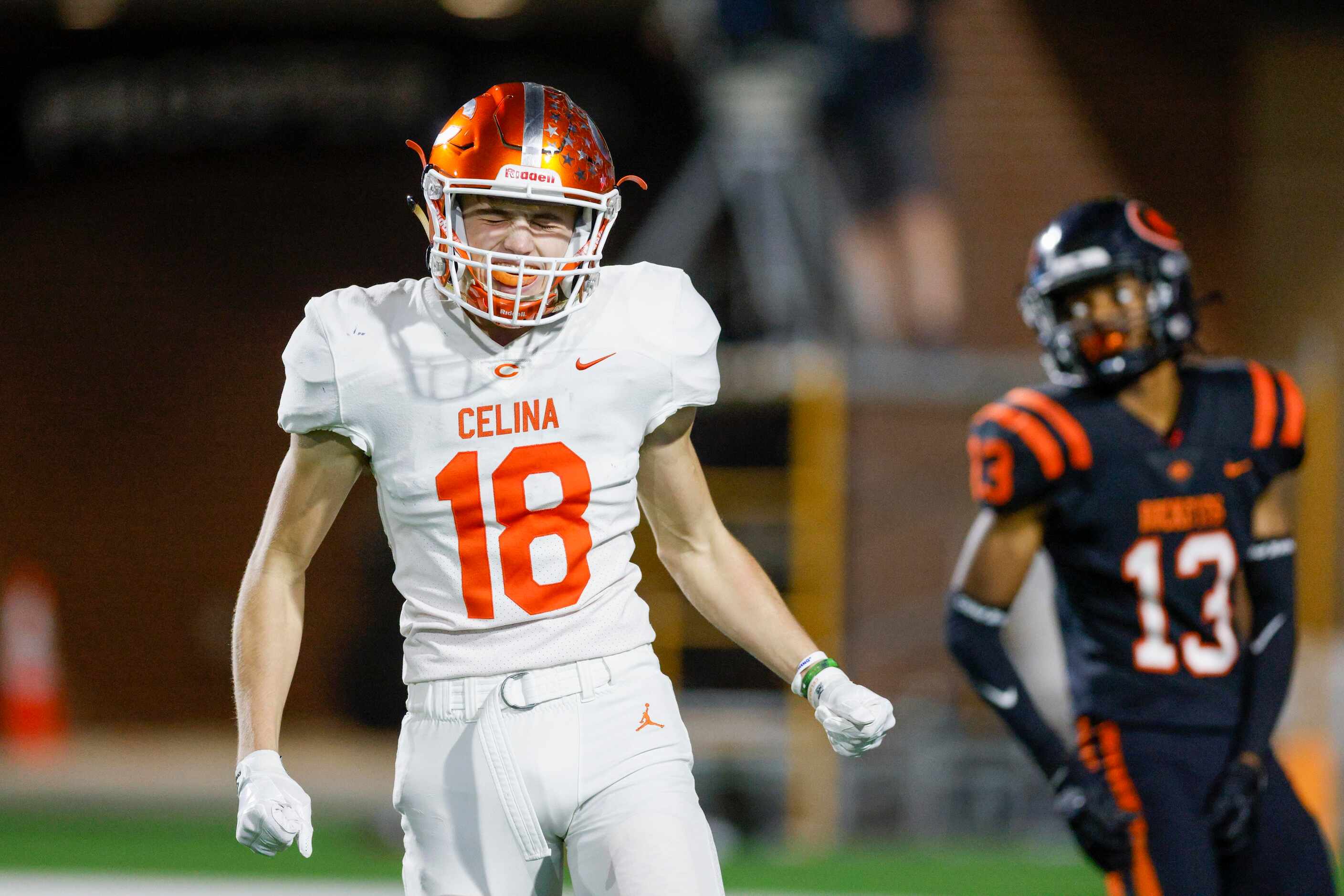 Celina wide receiver Brower Nickel (18) reacts after dropping a pass during the fourth...