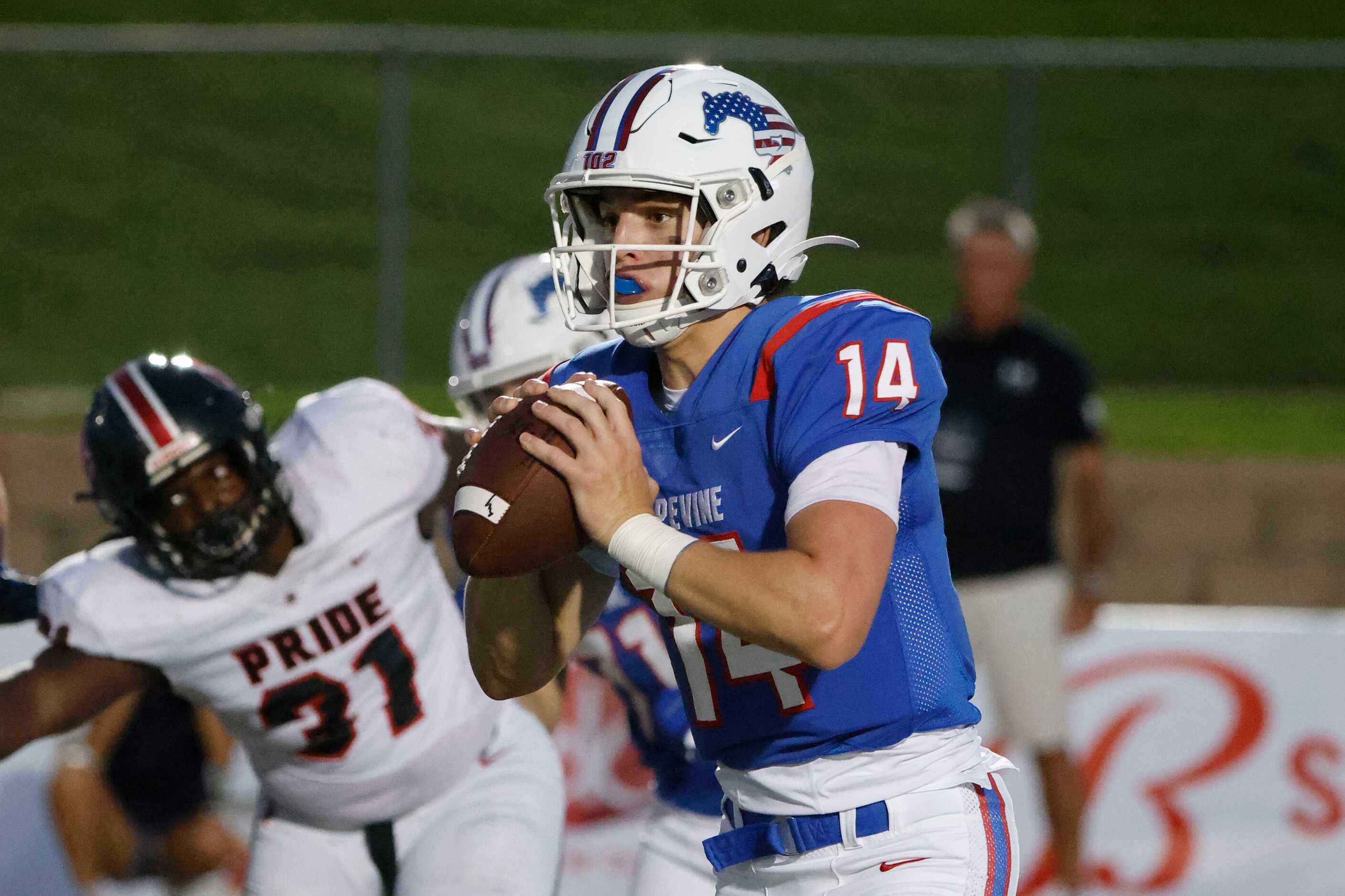 Grapevine quarterback Walker Berryman  prepares to throw against Colleyville Heritage during...