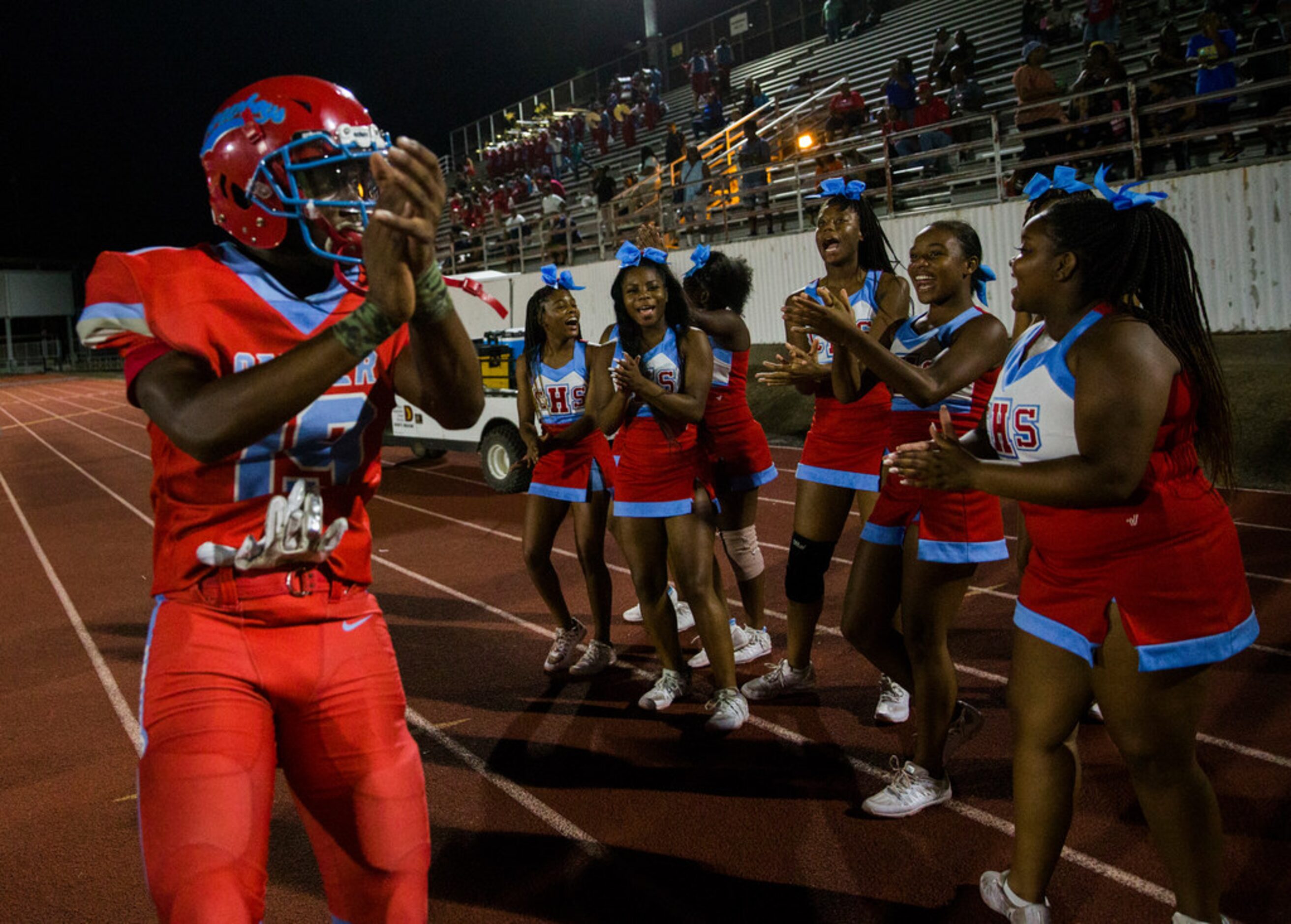 Carter defensive back Ka'Darion Smith (19) celebrates a 39-22 win over Crandall after a 4A...