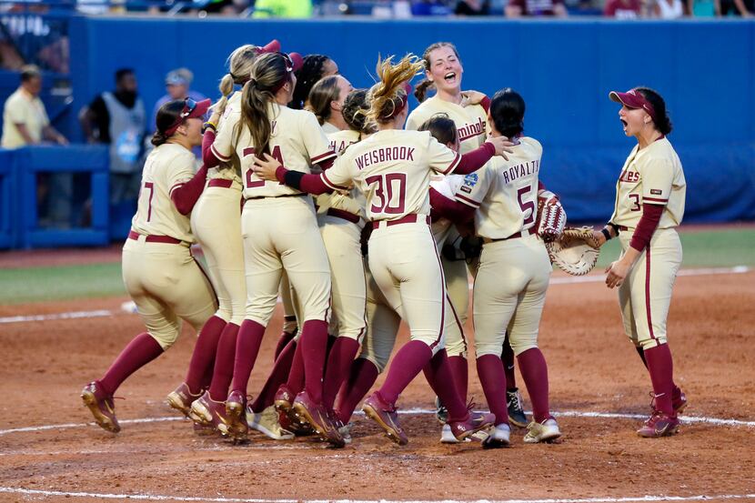 Florida State celebrates after a win over Tennessee after an NCAA softball Women's College...