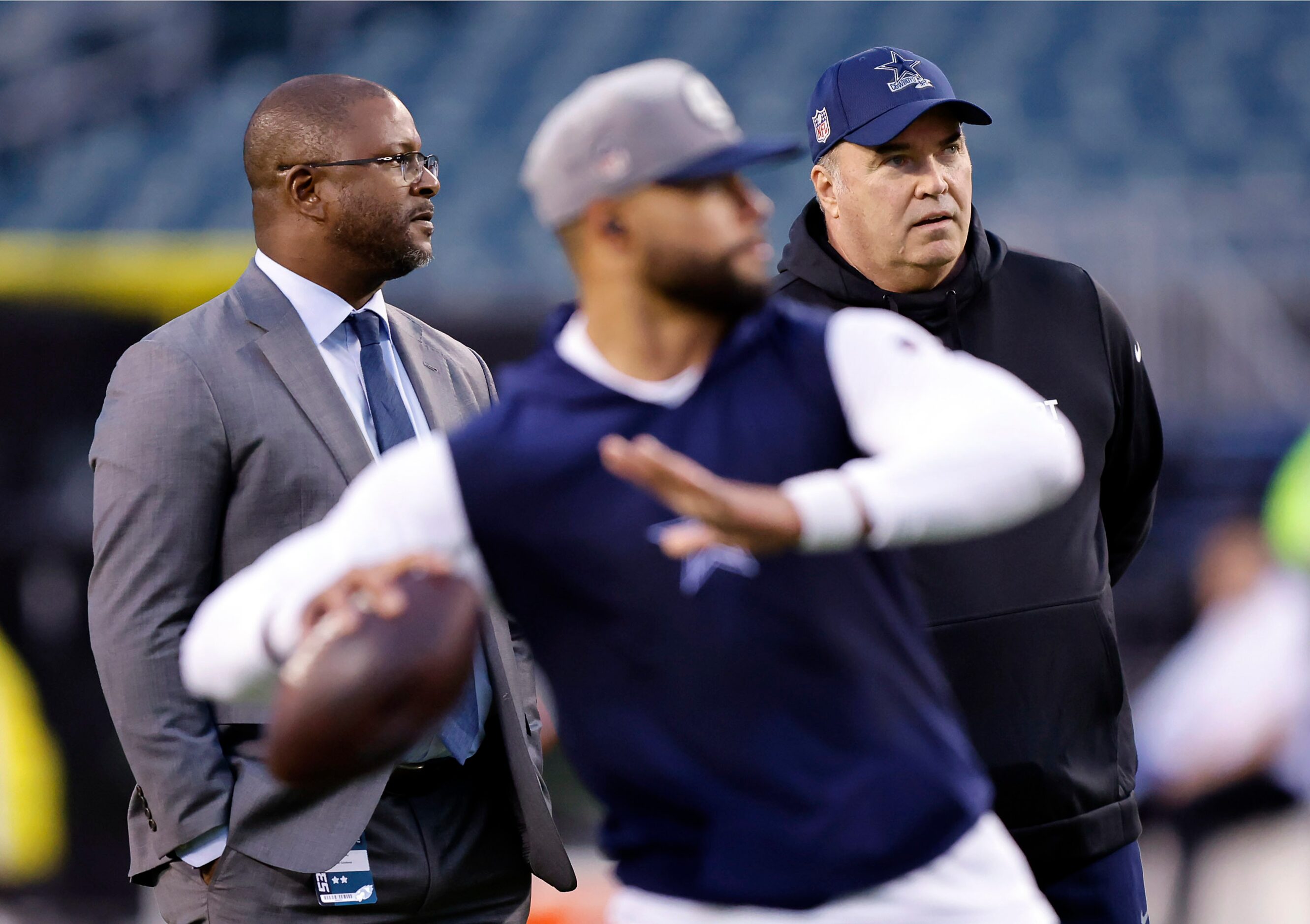 Dallas Cowboys vice president of player personnel Will McClay (left) and head coach Mike...