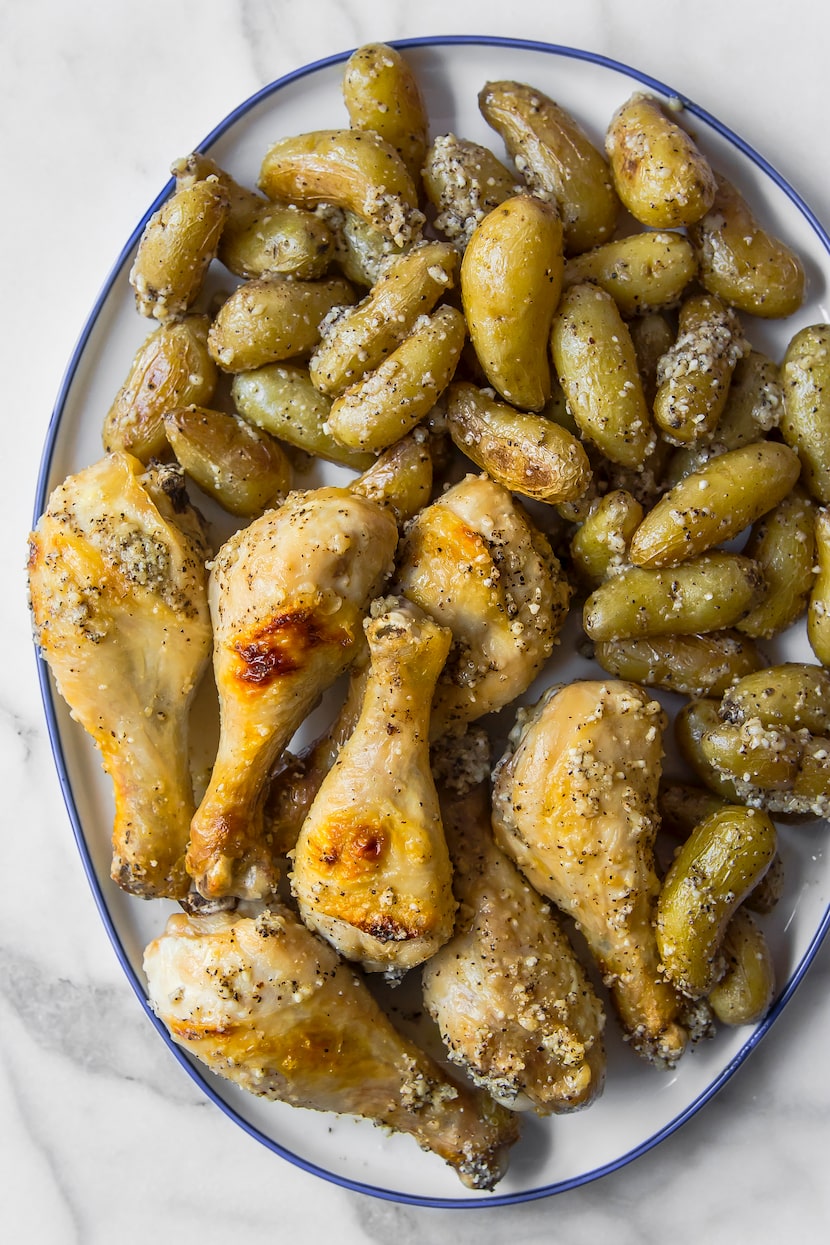 Sheet Pan Cacio e Pepe Chicken Legs and Potatoes