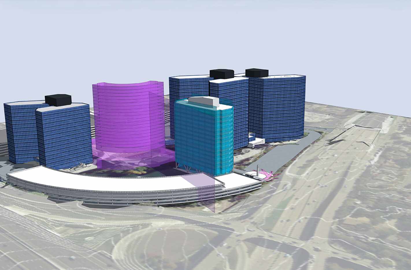 Preliminary plans show a new office tower (in blue) and a parking garage that would be...