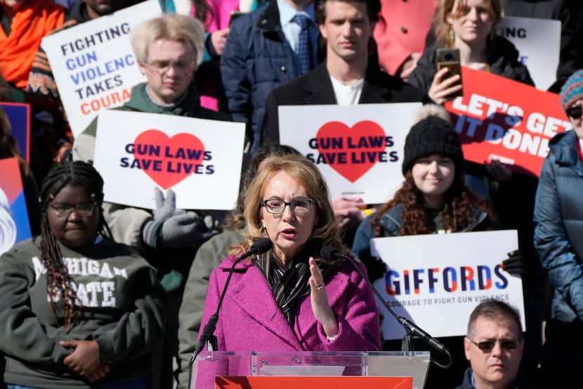 Former Congresswoman and gun violence survivor Gabrielle Giffords addresses supporters...