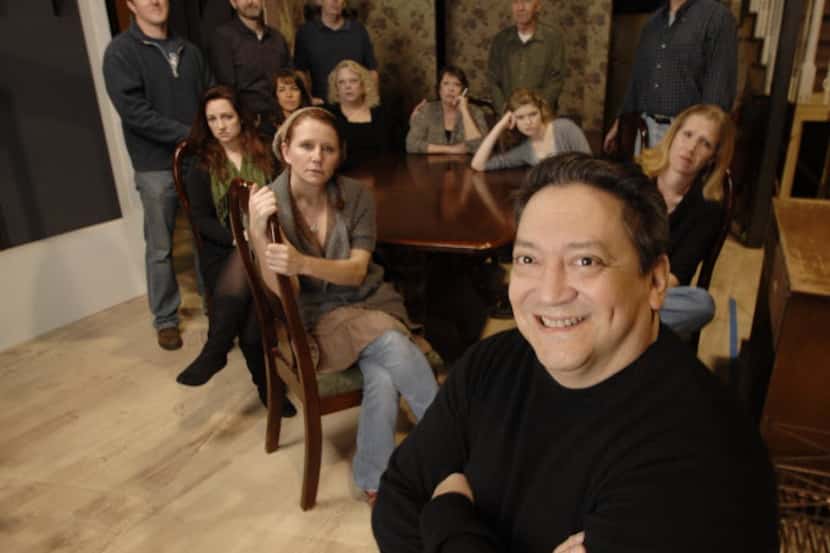 Director Rene Moreno, front, with cast prior to a rehearsal of Tracy Lett's Pulitzer Prize...