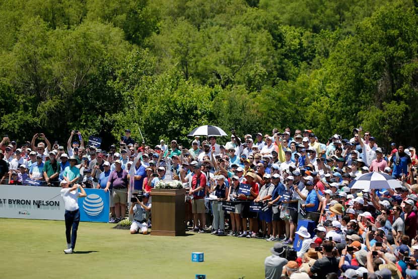Jordan Spieth tees off on the first tee during the first round of the AT&T Byron Nelson golf...
