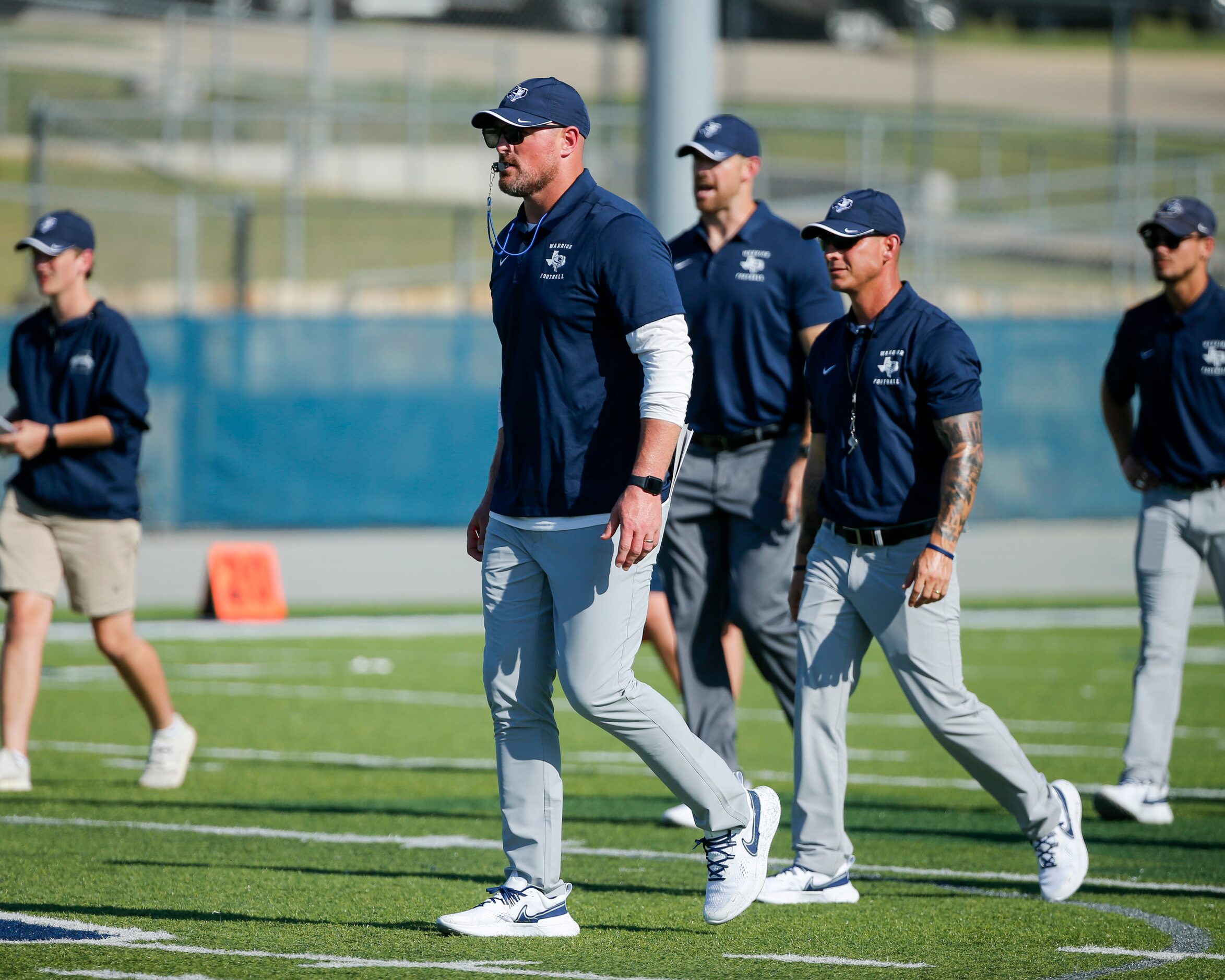 Argyle Liberty Christian head coach Jason Witten watches a play during a football practice...