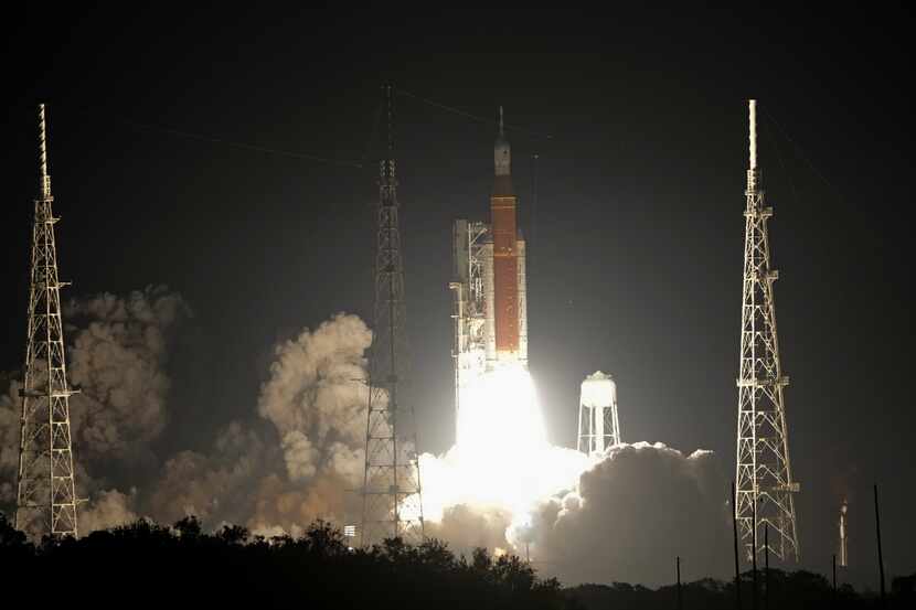NASA's new moon rocket lifts off from Launch Pad 39B at the Kennedy Space Center in Cape...