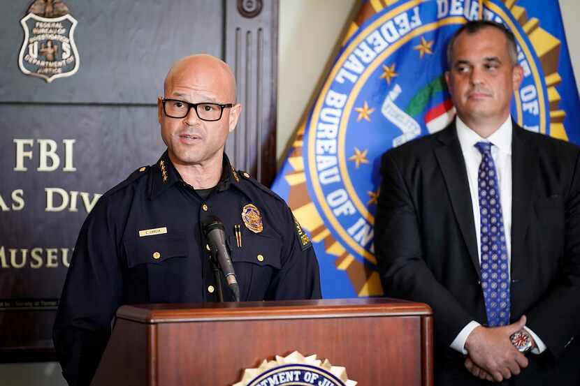 Dallas Police Chief Eddie Garcia addresses a press conference on a law enforcement action...