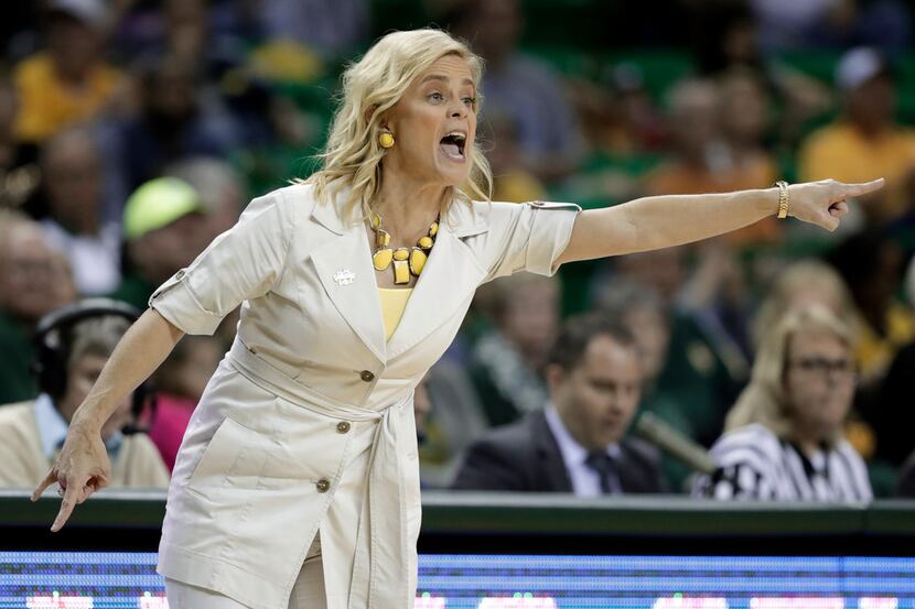 Baylor head coach Kim Mulkey instructs her team in the first half of a second-round game...