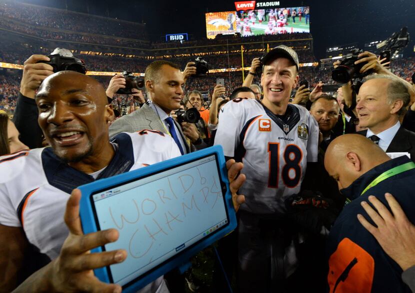 Feb 7, 2016; Santa Clara, CA, USA; Denver Broncos quarterback Peyton Manning (18) celebrates...