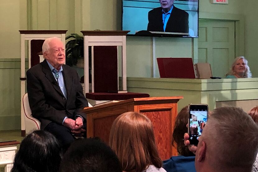President Jimmy Carter teaches Sunday school at Maranatha Baptist Church in Plains, Ga.,...