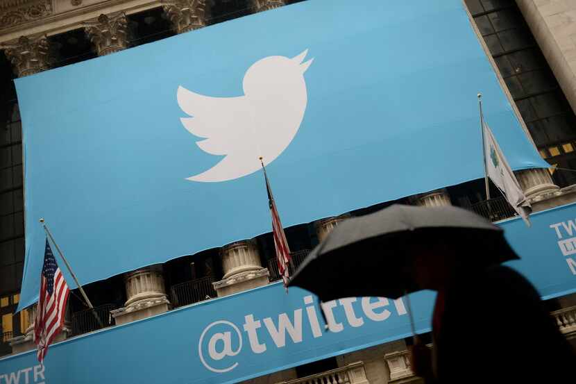 This November 7, 2013 file photo shows the logo of Twitter on the front of the New York...