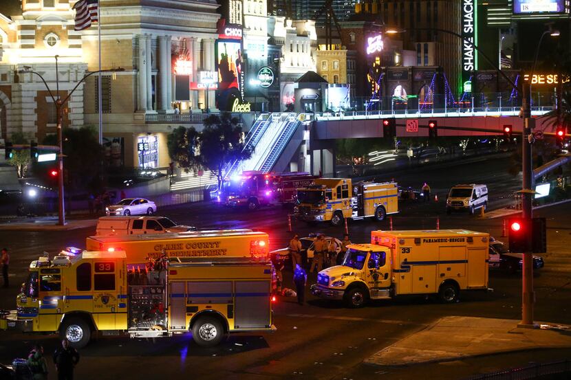 Las Vegas police and emergency vehicles were on the scene of the deadly shooting that...