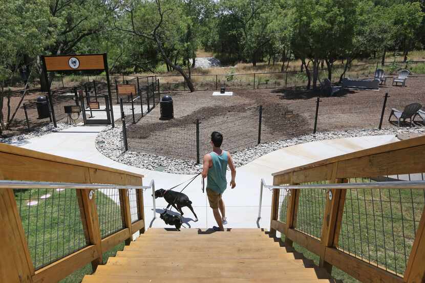 A look at the steps leading down to the dog park at the Shacks Dining & Dog Park at 5800...
