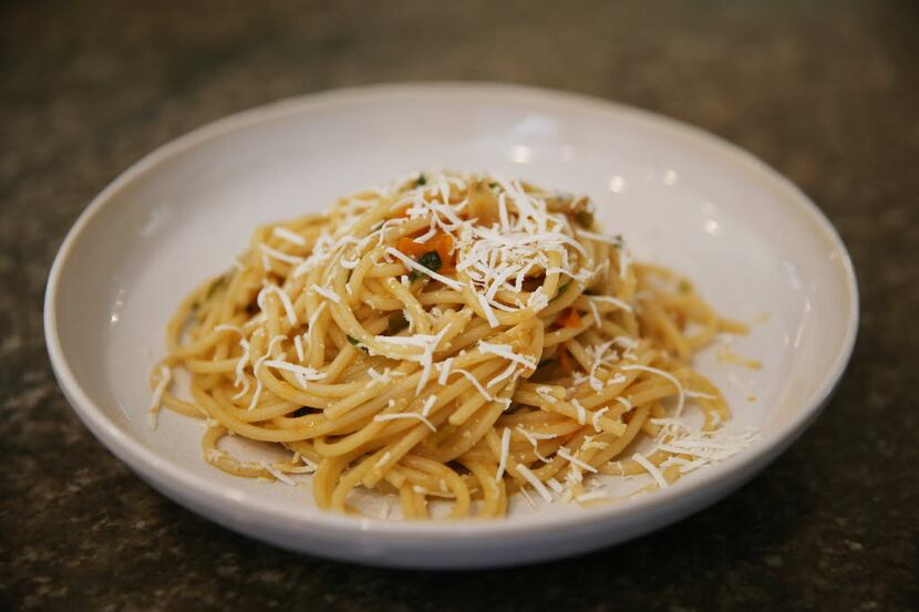 Spaghetti with Sun Gold Tomatoes, Pickled Jalapeño, Ricotta Salata and Basil, created by...