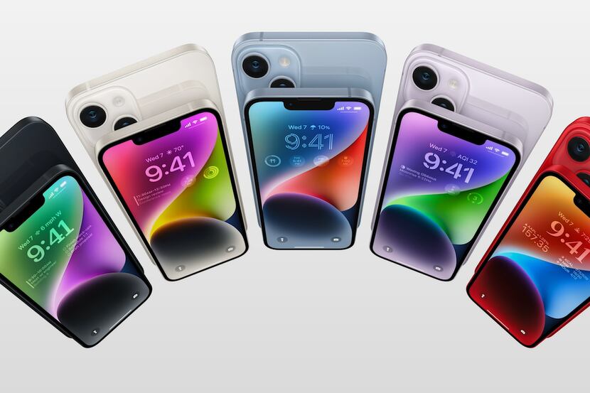 The new iPhone 14 colors, as seen during a live stream of Apple's product launch event on...