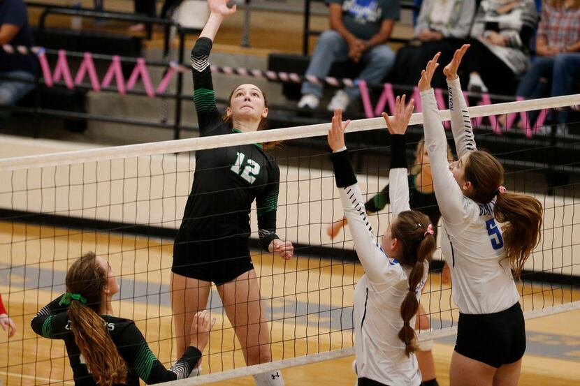 Southlake Carroll's Annabelle Smith (12), pictured hitting against Trophy Club Byron Nelson...