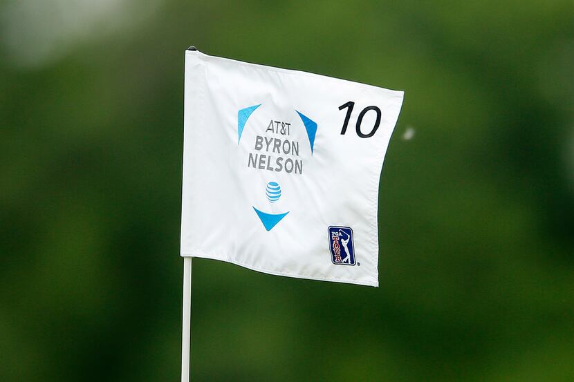 DALLAS, TEXAS - MAY 09: A detailed view of the flag on the 10th hole during the first round...