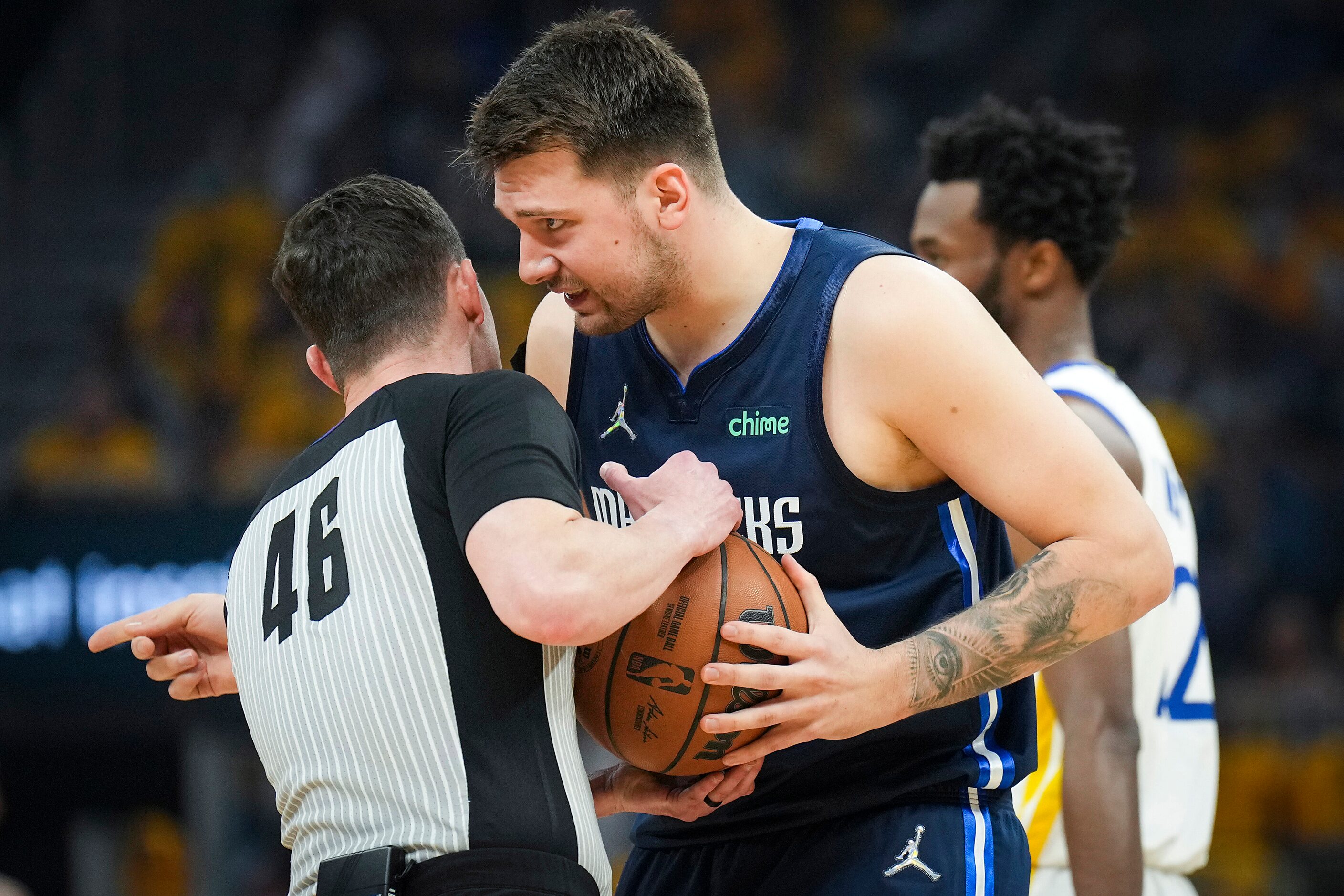 Dallas Mavericks guard Luka Doncic argues for a call during the first quarter in Game 2 of...