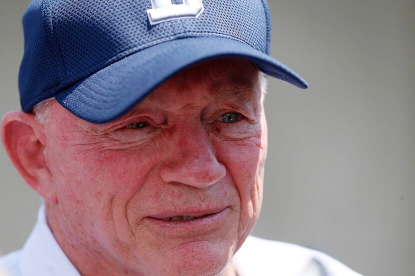 Cowboys owner Jerry Jones answers questions during a press conferences at the training camp...