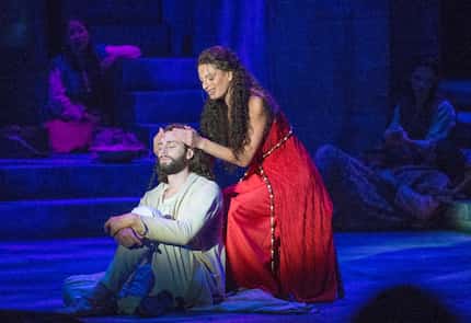 Jackie Burns in the role of Mary Magdalene sings "Everything;'s Alright" to Daniel Rowan in...