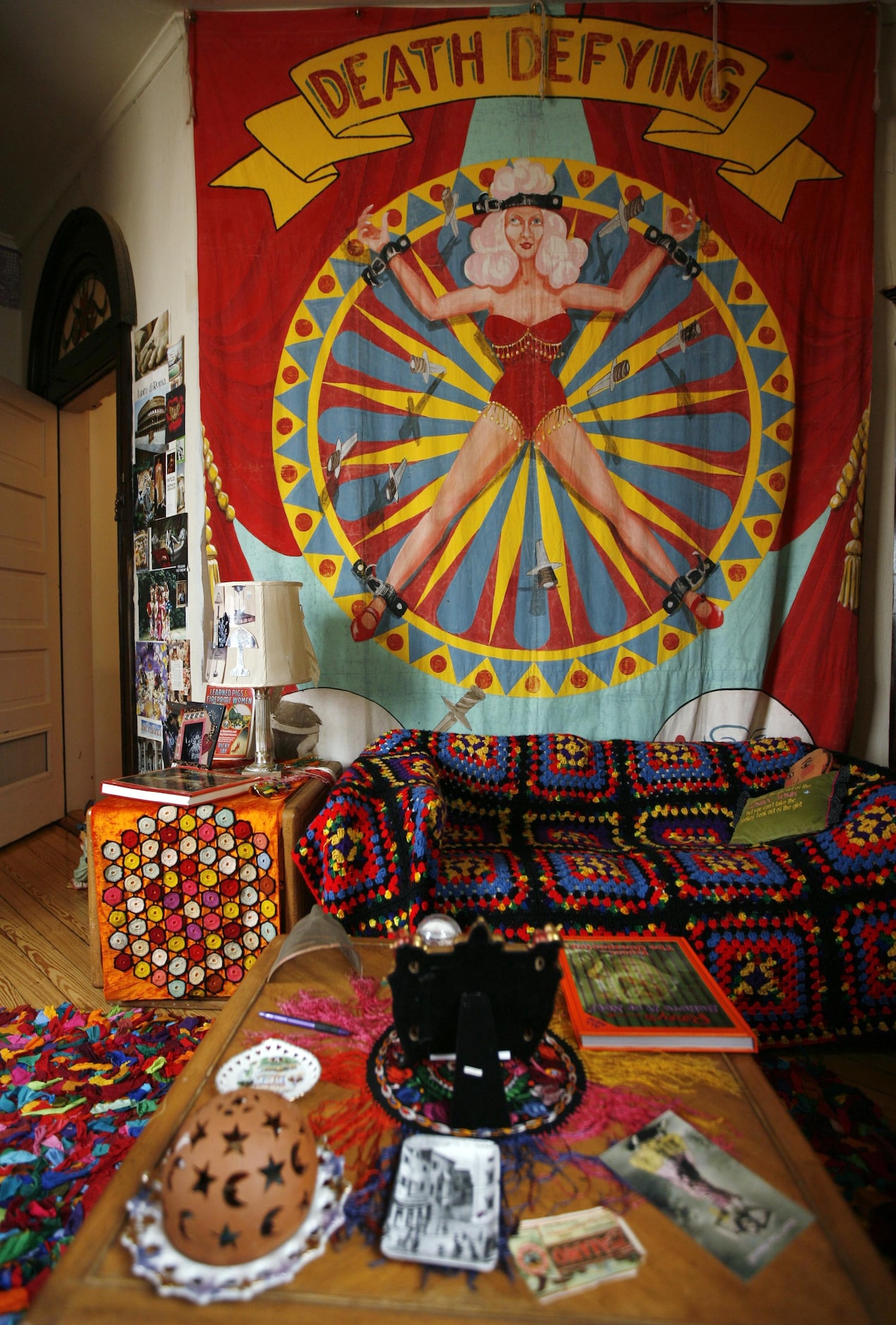 A freak show banner adorned the laundry room wall in actress Ronnie Claire Edwards home, a...