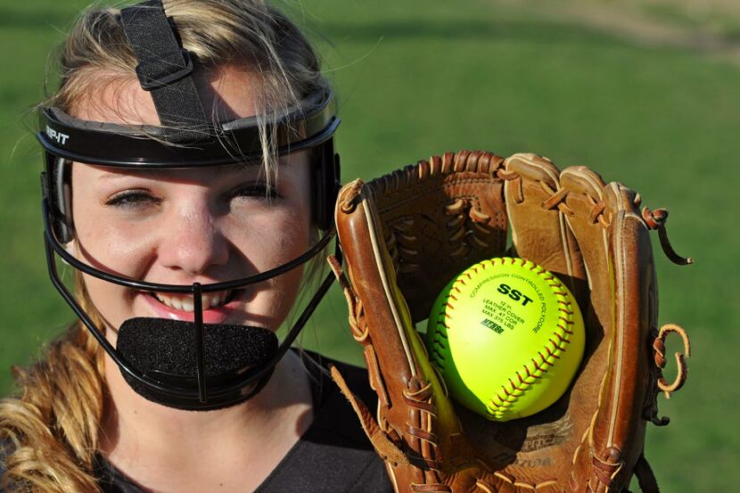 Plano East sophomore softball player Olivia Rosen poses for a portrait with her safety mask...