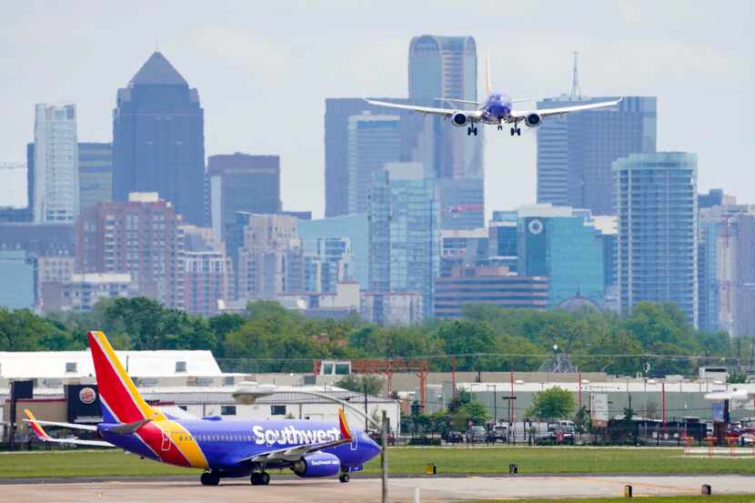 A Southwest Airlines 737 lands at Dallas Love Field on Tuesday, April 14, 2020, in Dallas. ...