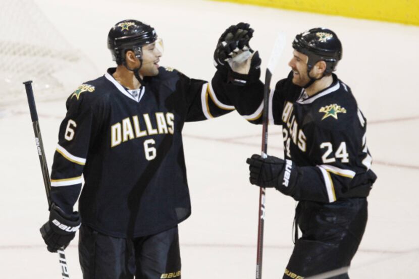 Dallas defenseman Trevor Daley (6) and left winger Eric Nystrom celebrate a goal during the...