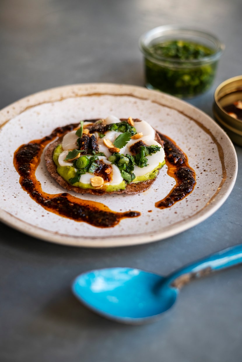 A dish of scallop ceviche tostadas prepared by Olivia Lopez 