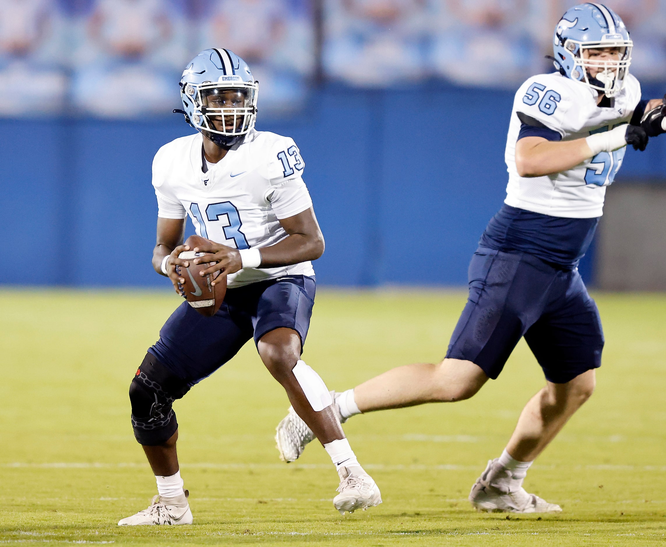 Frisco Emerson quarterback DJ Shelton (13) drops back to pass against Frisco Independence in...