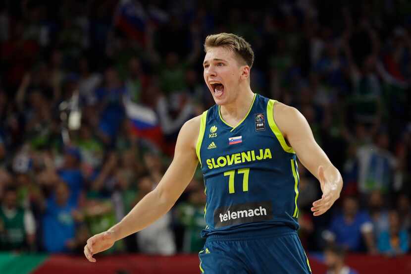 Slovenia's Luka Doncic reacts during their Eurobasket European Basketball Championship...