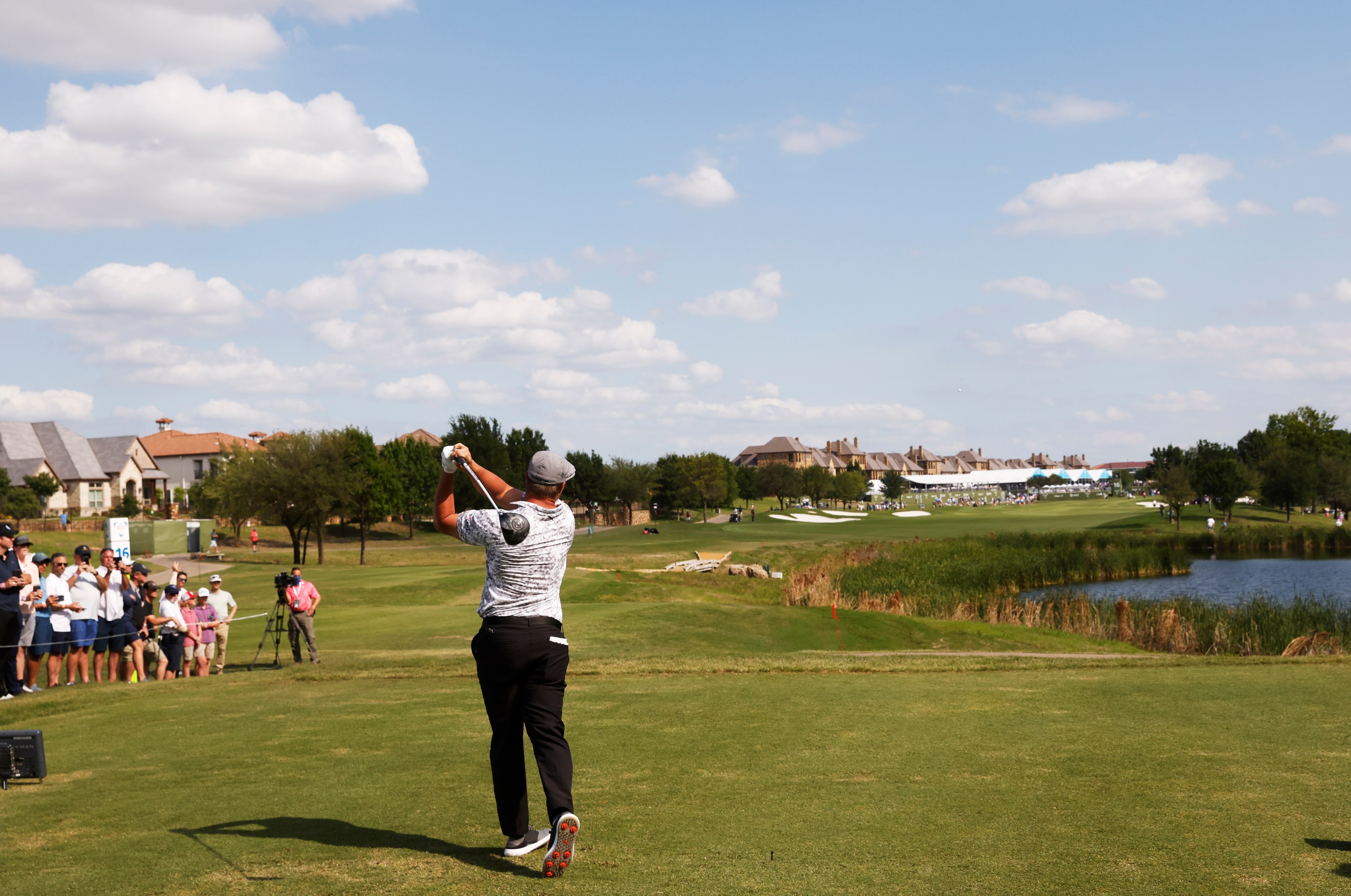 Bryson DeChambeau tees off on the 16th hole during round 2 of the AT&T Byron Nelson  at TPC...