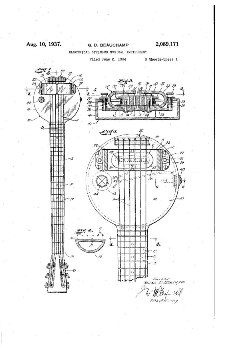 The 1934 patent drawing for the first commercially produced electric guitar, the Ro-Pat-In...