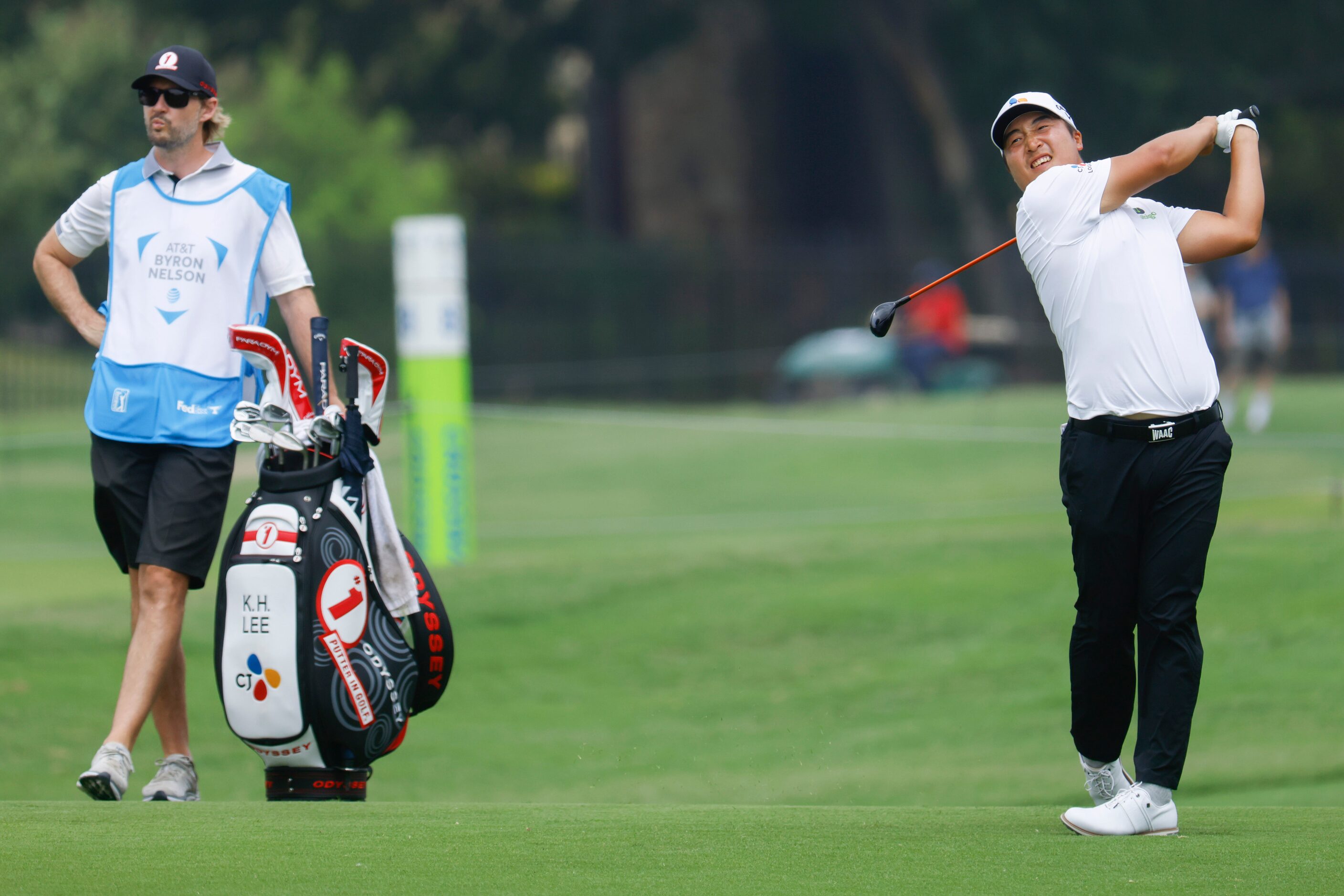 K.H. Lee hits on the green of the ninth hole during the second round of the AT&T Byron...