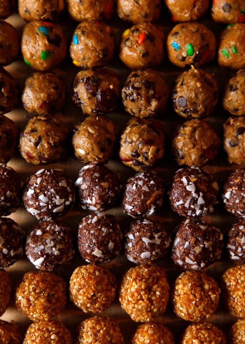 Peanut Butter M&M Energy Bites (top), Nut-Free Chocolate Sunflower Cherry Energy Bites,...