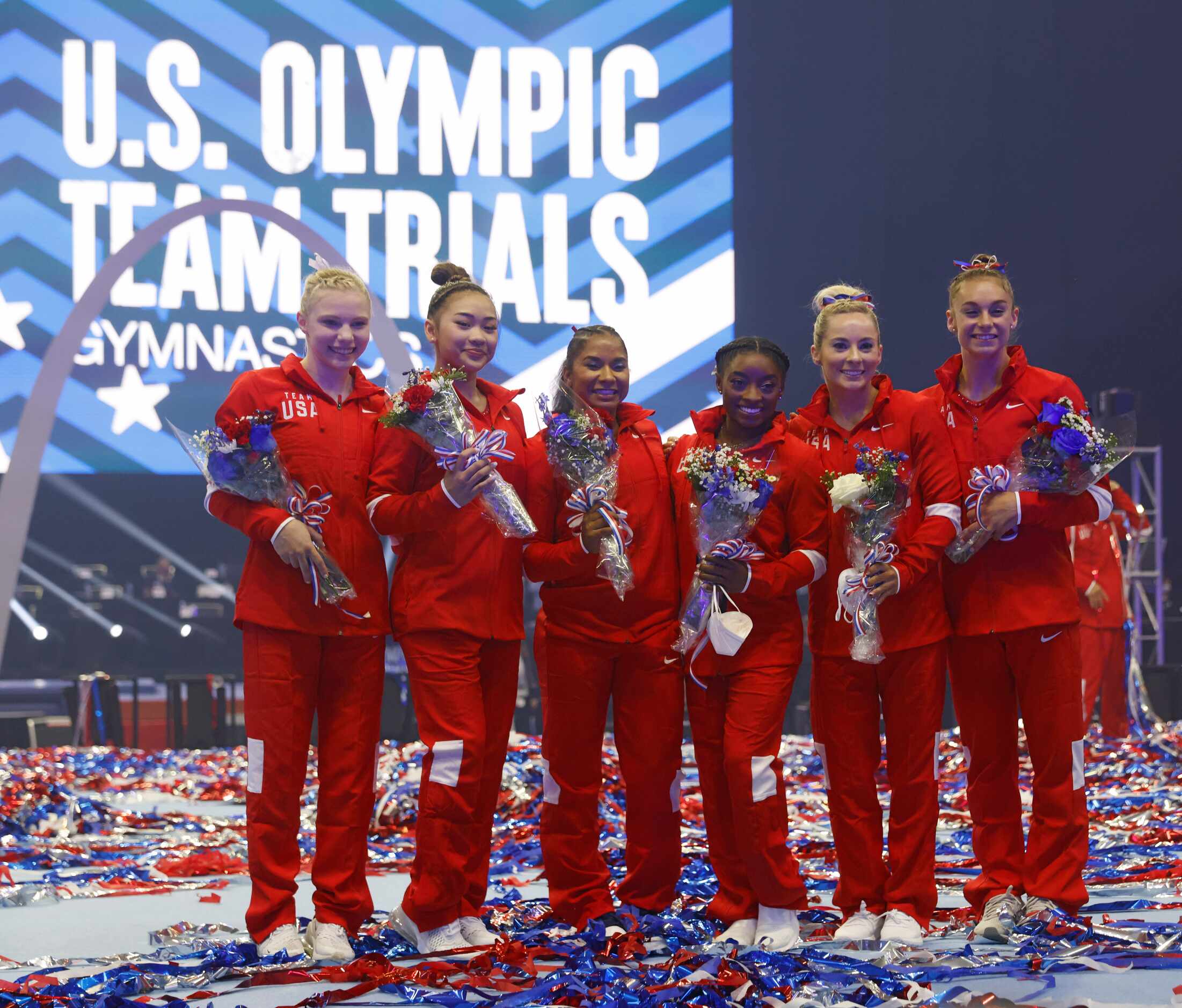 Women's U.S. Olympic gymnastics team Jade Carey, Sunisa Lee, Jordan Chiles, Simone Biles,...