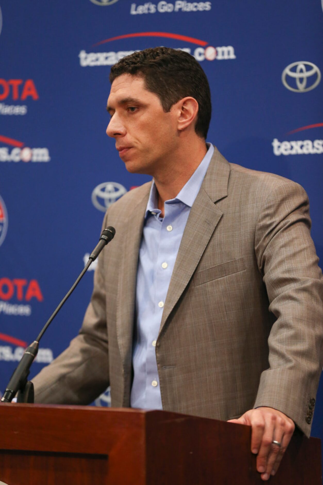 Rangers President of Baseball Operations and General Manager Jon Daniels addresses members...