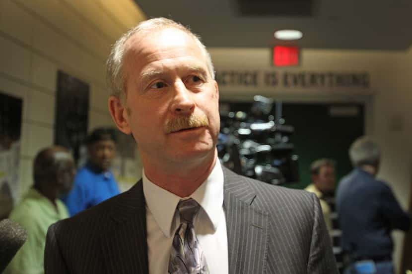 New General manager Jim Nill talks with the media as the Dallas Stars pack up their gear and...