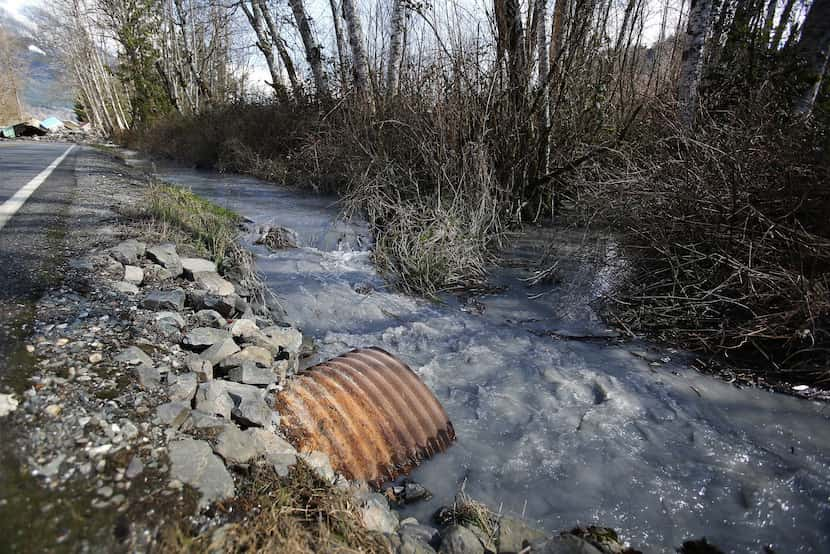 A steady stream of mud and water flows away from the mudslide blocks the road on Highway...