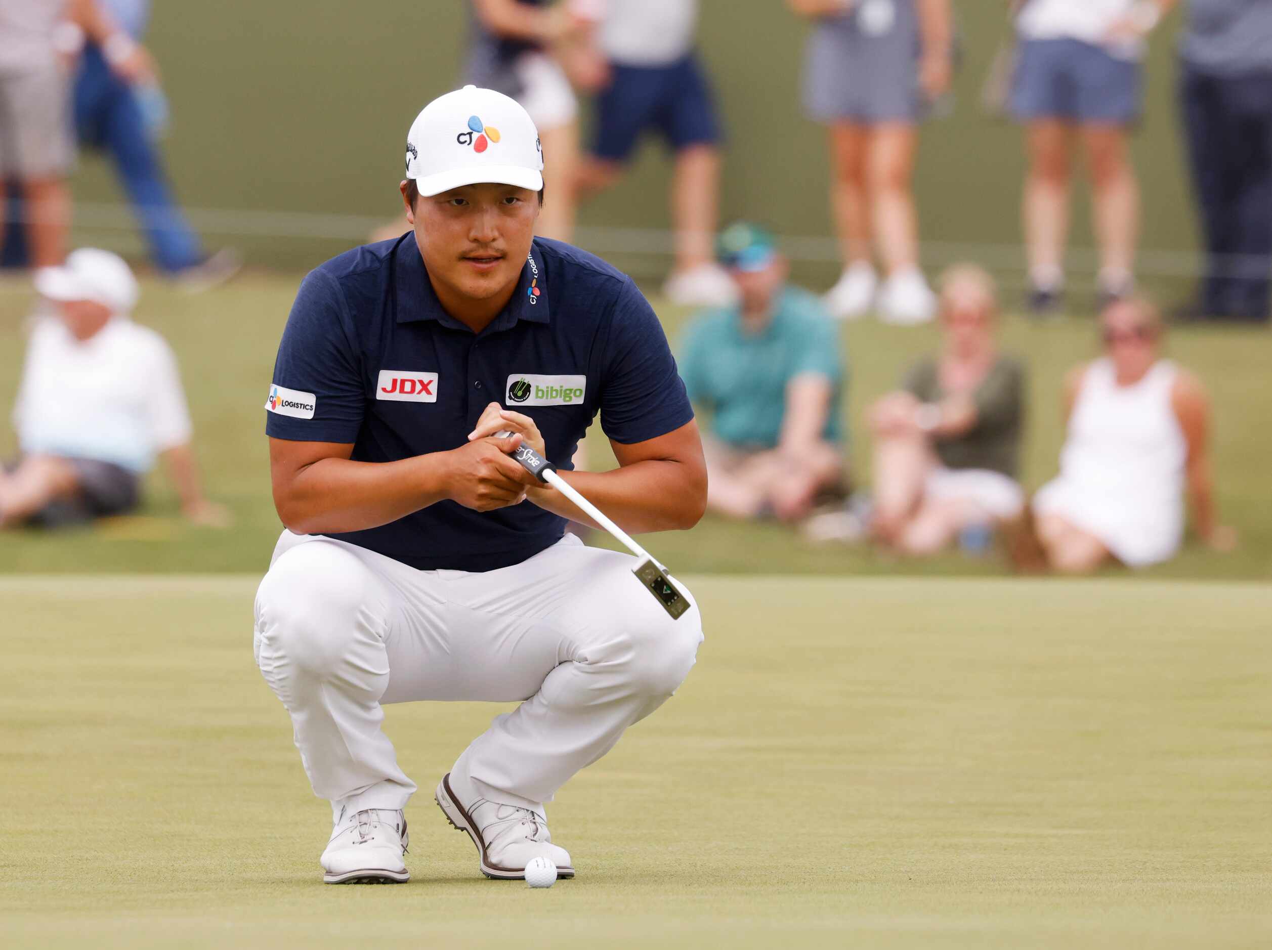 Kyoung-Hoon Lee lines up his putt on the 16th hole during round 3 of the AT&T Byron Nelson ...