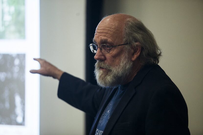 Tom "Smitty" Smith speaks to a crowd at the North Branch Denton Public Library on Sunday,...