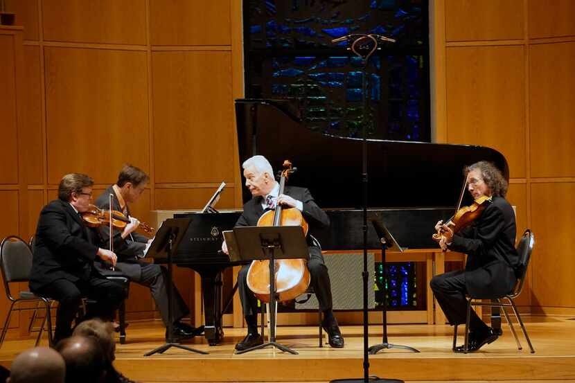 Left to right, violinist Martin Beaver, pianist Gregory Allen, cellist Norman Fischer and...