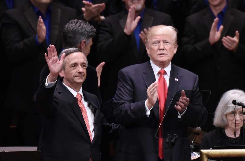 US President Donald Trump and Pastor Robert Jeffress participate in the Celebrate Freedom...